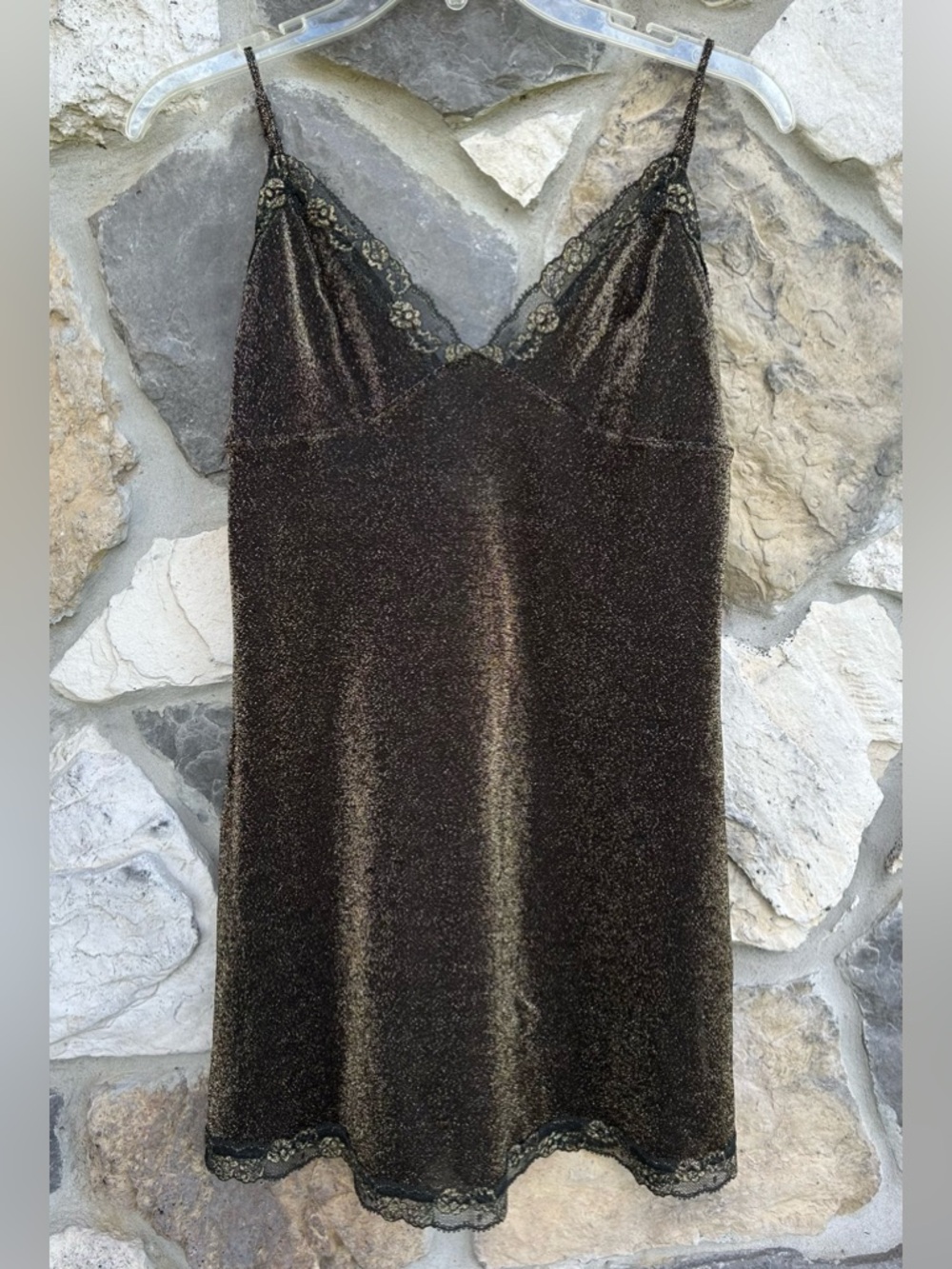 Victorias Secret Nightie Size M Black Gold Shimmer Lace Slip Dress Boudoir Glam